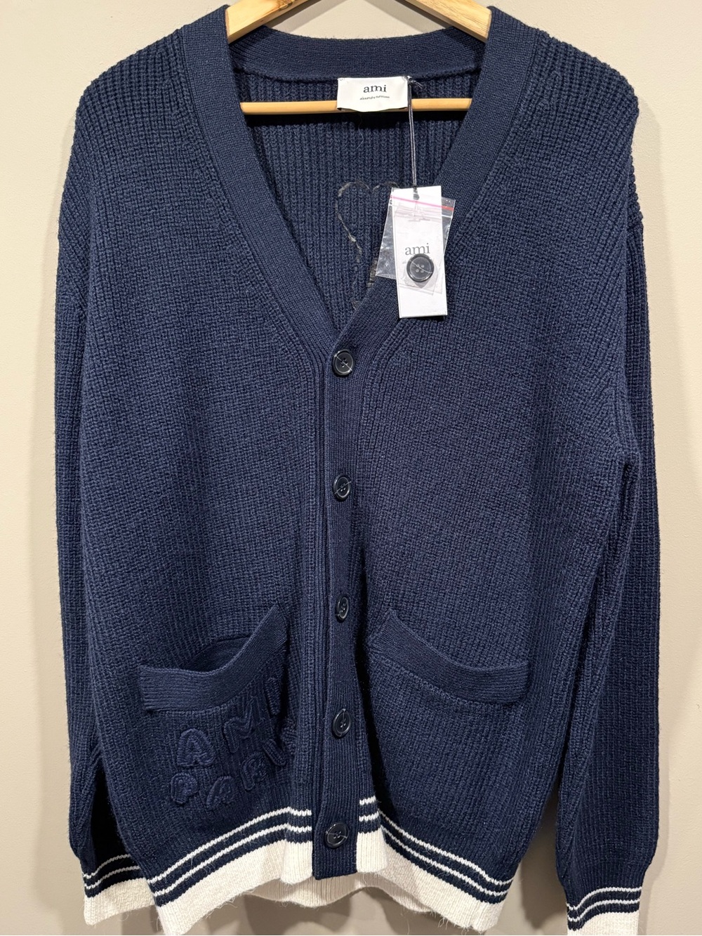 Ami Paris Navy Blue Ribbed Cotton V-Neck Button Cardigan